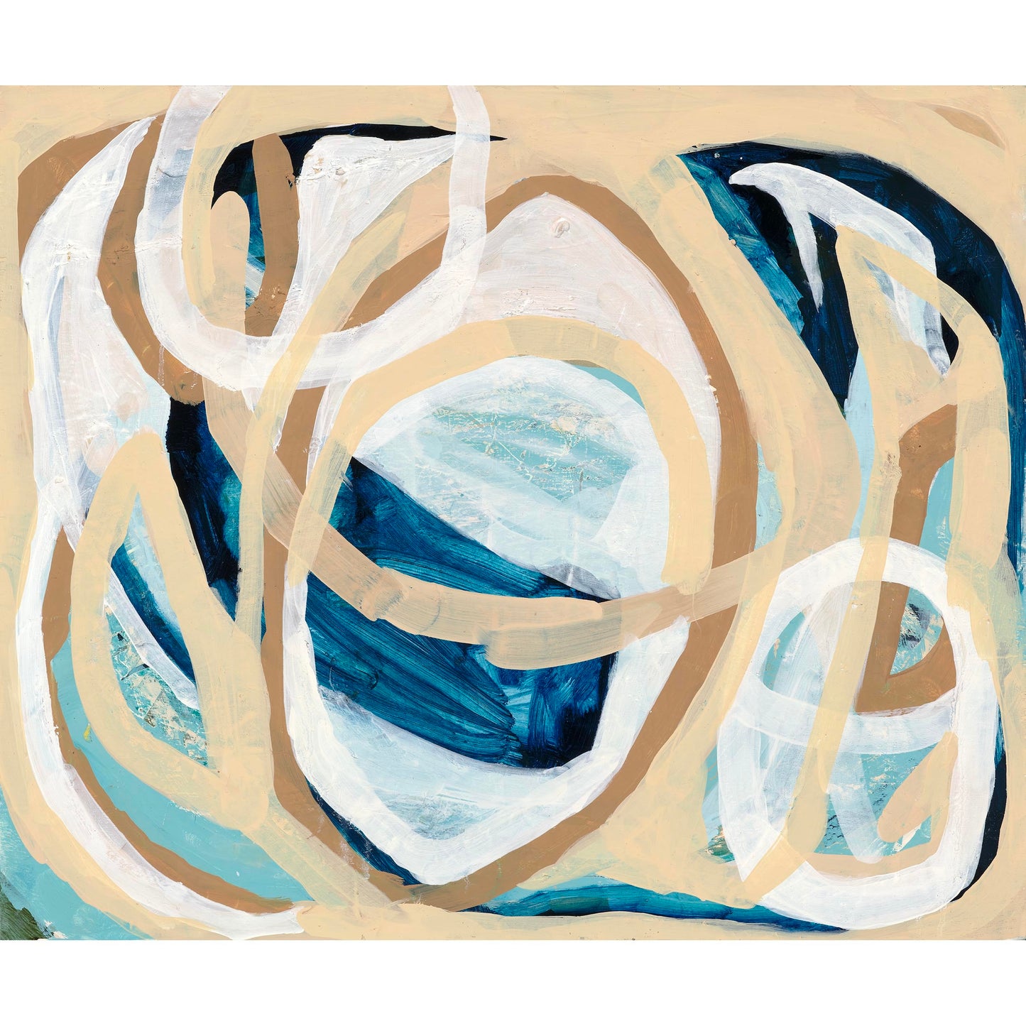 Undertones of deep and mid blue, overlaid with beige, brown and white, swirling strokes.