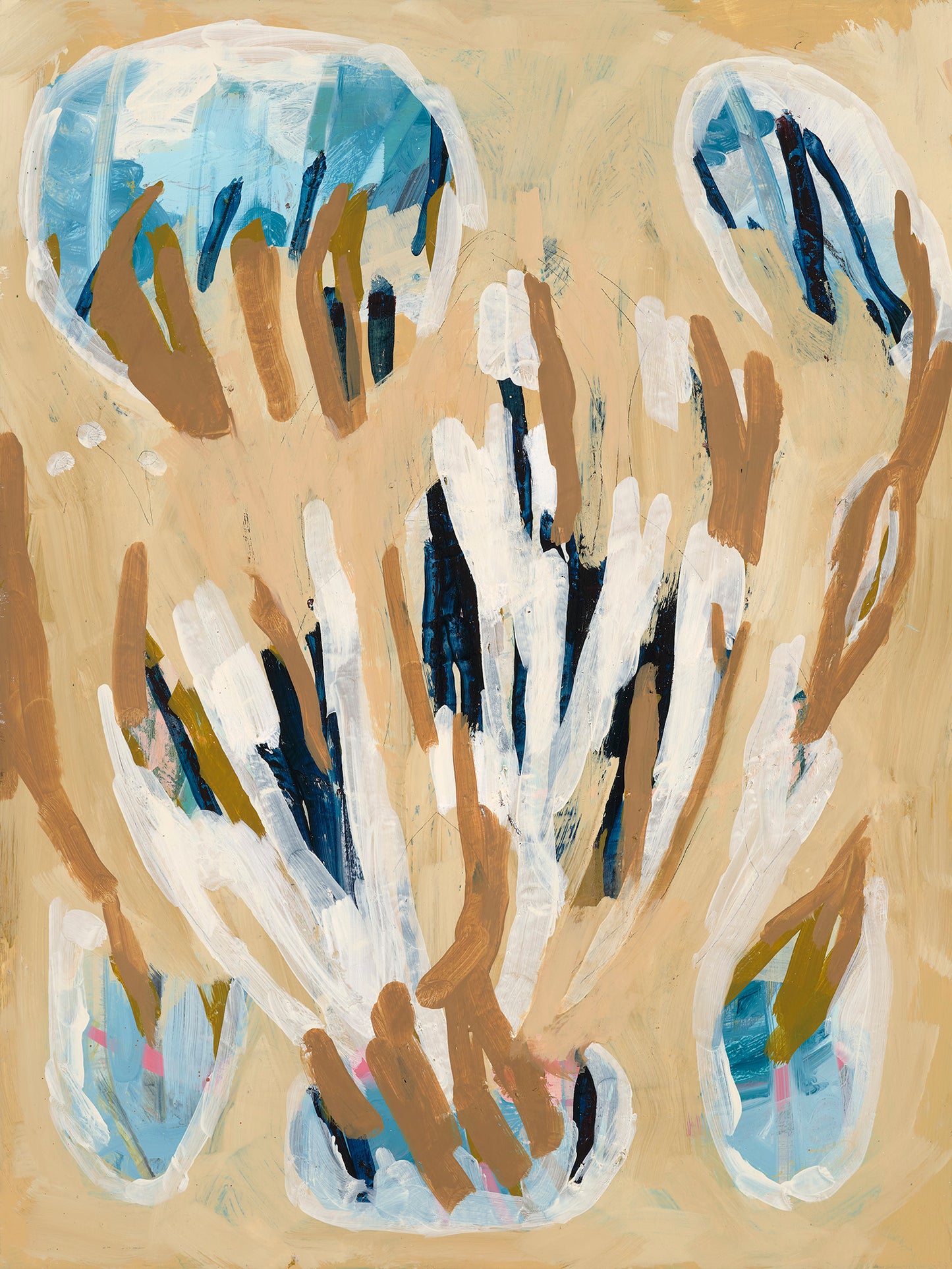 abstract painting with beige background, highlighted with white, brown and navy blue, with pops of sky blue. The brush strokes expand upwards from bottom to top.