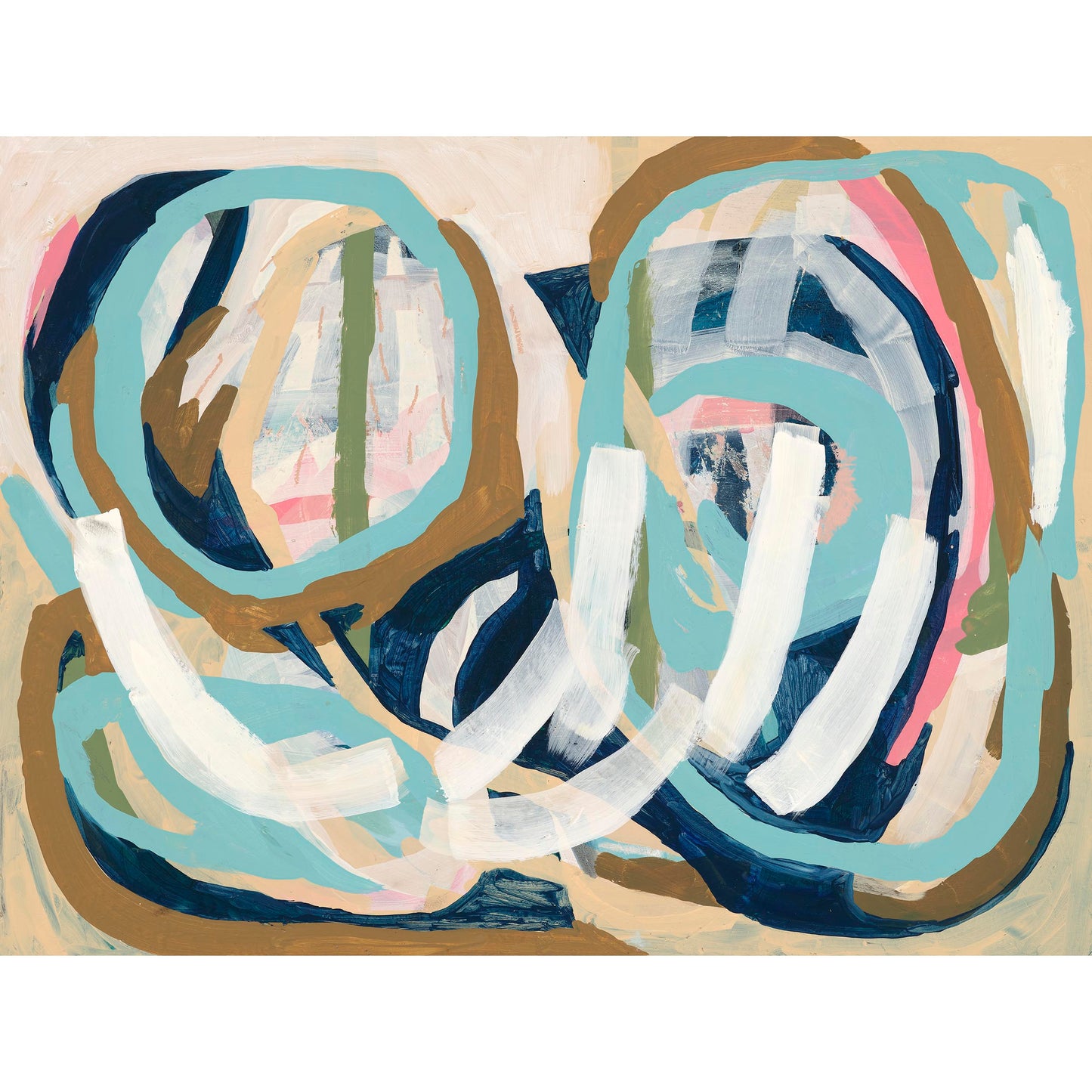 Neutral tones of brown, white and beige over deep navy shapes, with pops of hot pink, and sky blue, overlaid with soft white strokes