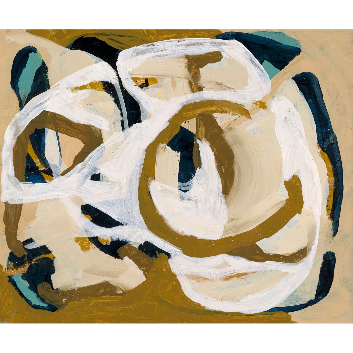 Navy undertones overlaid with brown, beige and white, with small pops of teal.